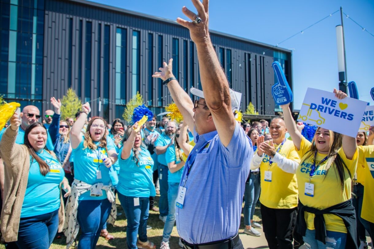J.B. Hunt Driver celebrates with employees at the Million Mile Walk of Fame event.