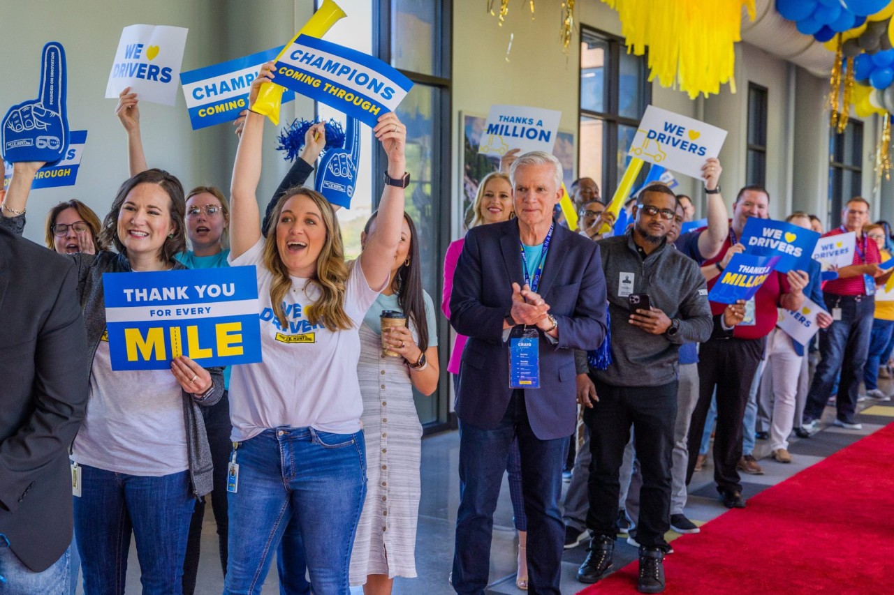 J.B. Hunt employees cheering at the Million Mile celebration event.