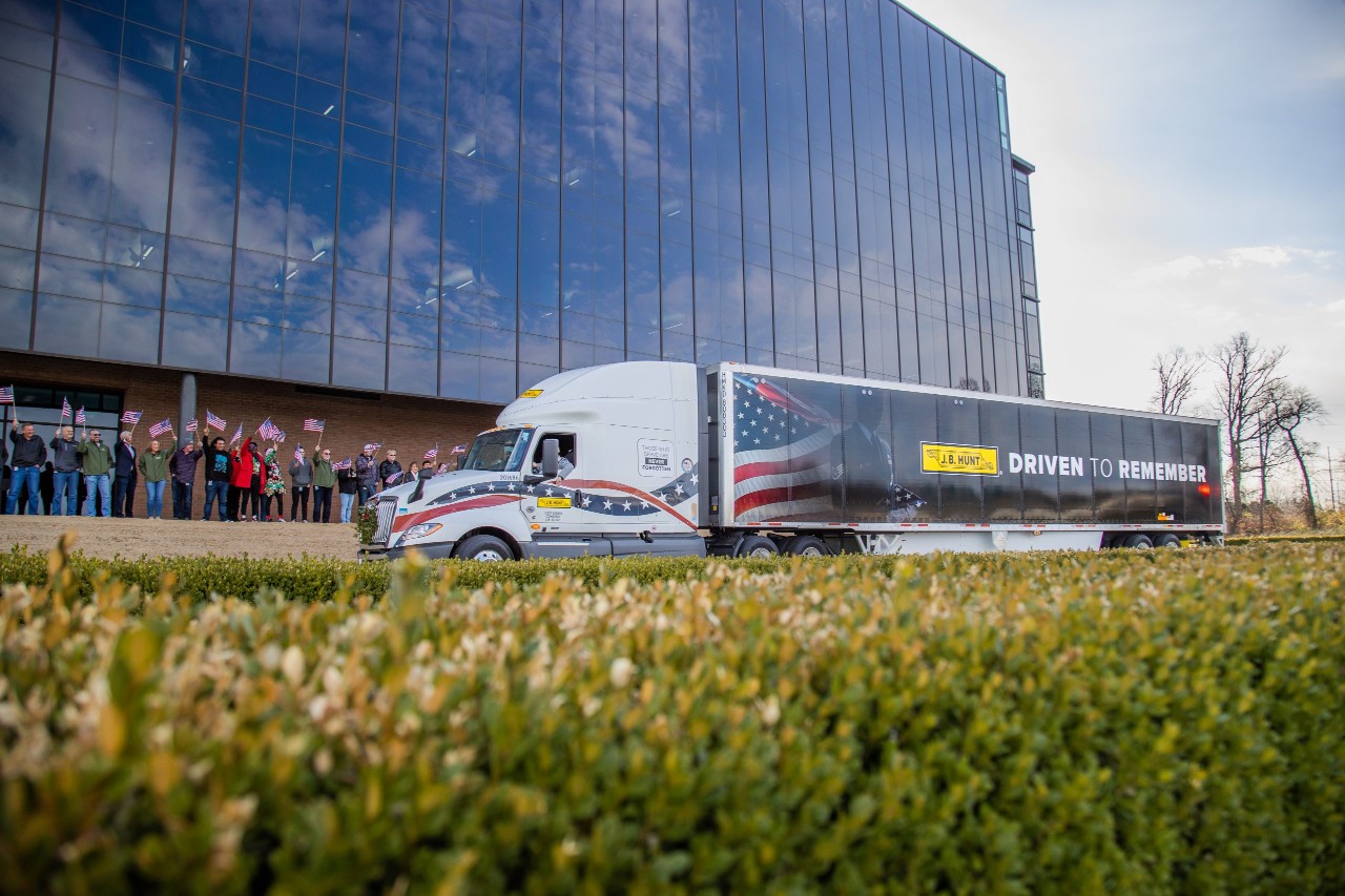 J.B. Hunt military theme truck parked in front of the corporate campus.