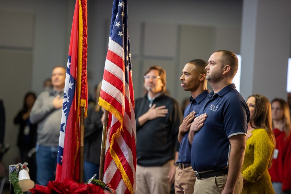 J.B. Hunt employees stand for pledge of allegiance