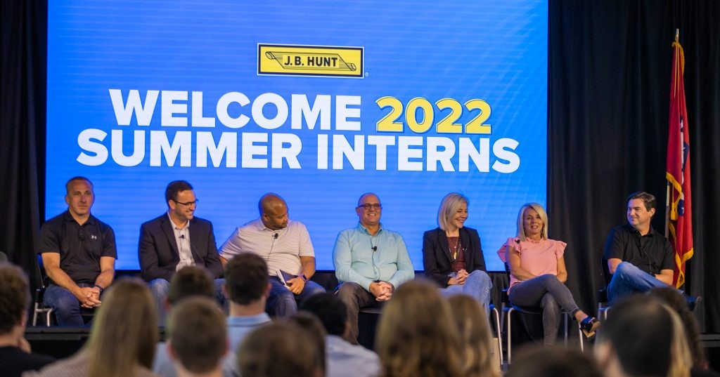A J.B. Hunt panel welcoming summer 2022 interns.