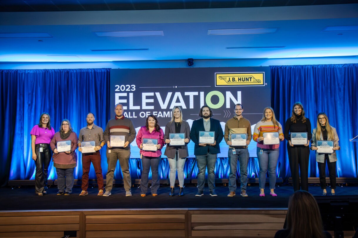 J.B. Hunt employees pictured with Shelley Simpson after being recognized for submitting ELEVATION ideas.