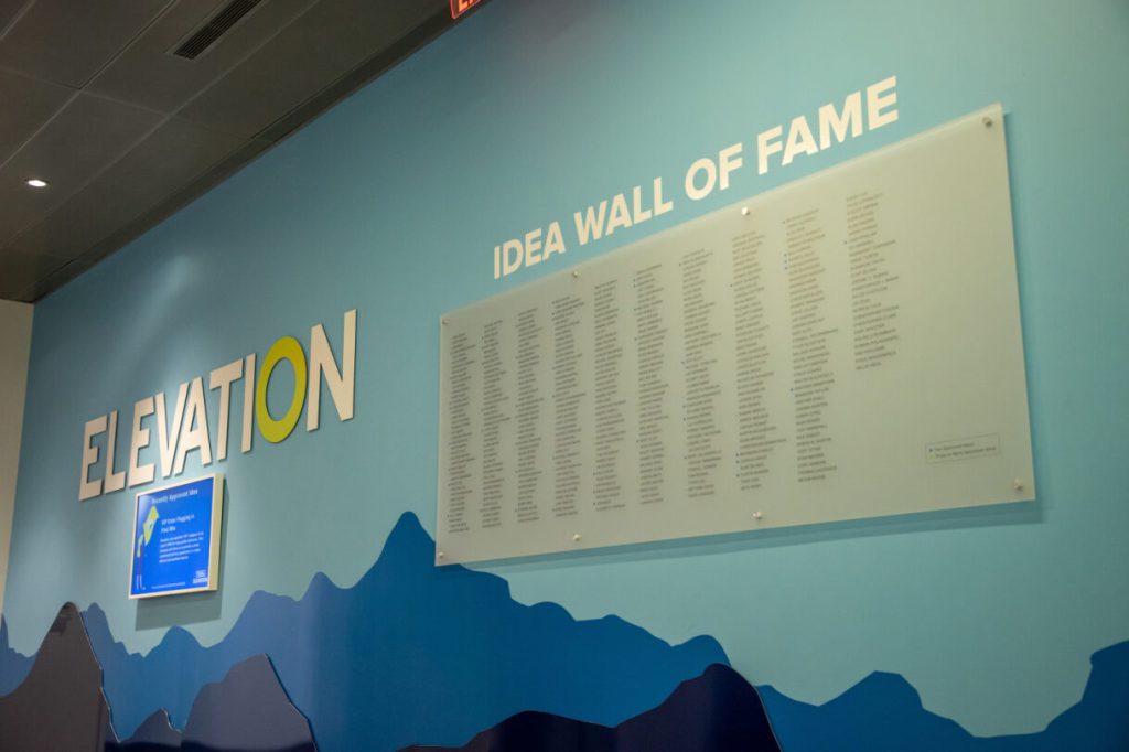 The J.B. Hunt ELEVATION Idea Wall of Fame at corporate headquarters.